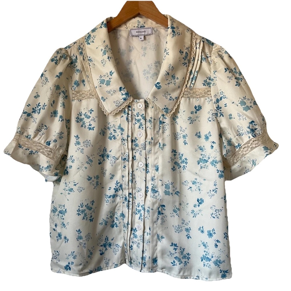 Rihoas Short Sleeve Pin Tuck Floral Lace Trim Collar GrandmaCore Blue White XL